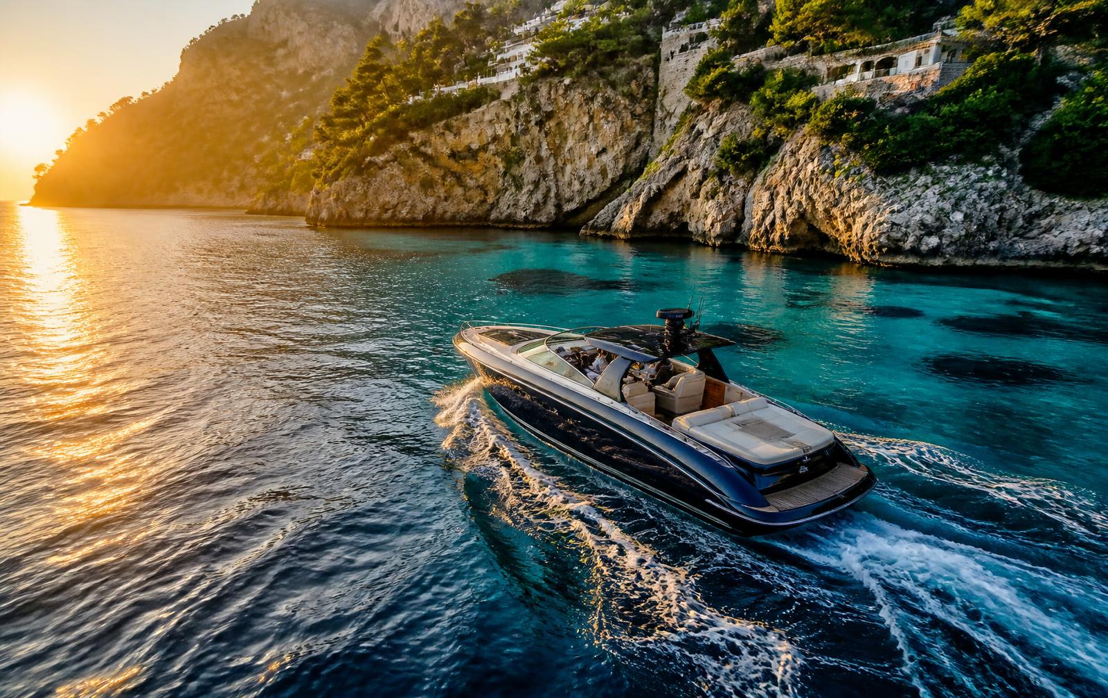 Barco cruzeando águas turquesa do litoral ao pôr do sol